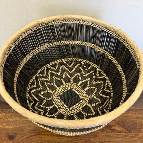 Zambia woven basket bin made from river reed with organic shape and assorted patterns