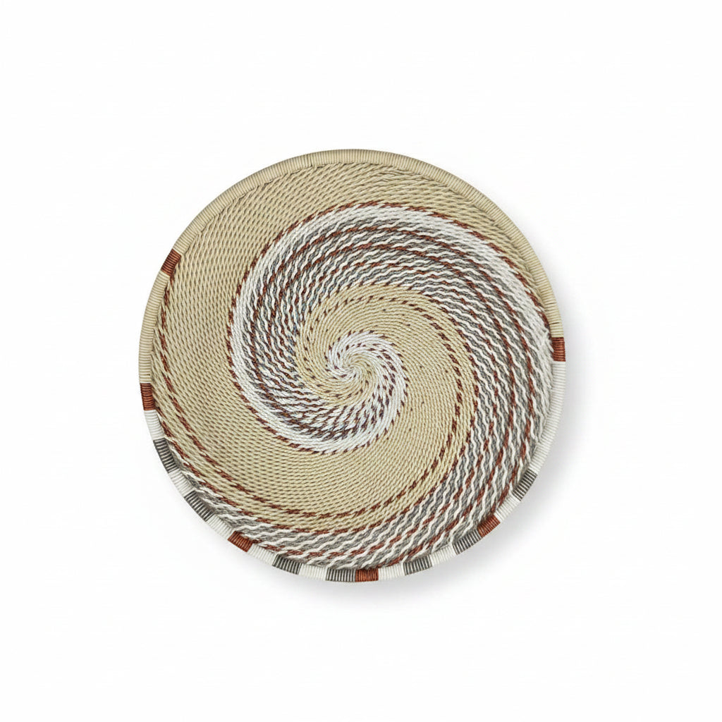 Handwoven Zulu Wire Small Tray in Ivory from South Africa in a variety of colorful and neutral artisan patterns.