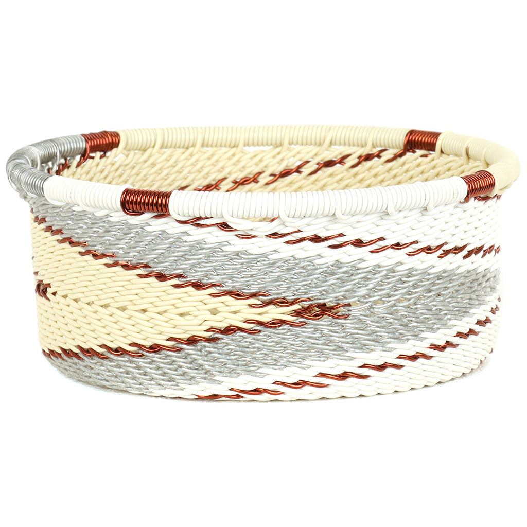 Handwoven Zulu Wire Tuna Cup Baskets in Ivory from South Africa in a variety of colorful and neutral artisan patterns.