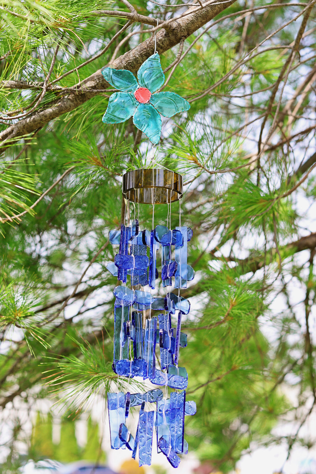 Large Blue Flower Recycled Glass Wind Chime handcrafted in Kenya using recycled glass.