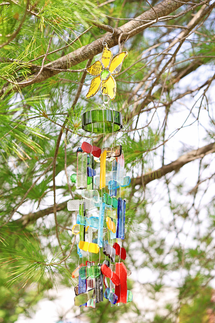 Large Yellow Flower Recycled Glass Wind Chime handcrafted in Kenya using recycled glass.