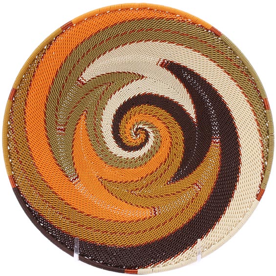 Handwoven Light Earth Brown Zulu Wire Small Shallow Baskets from South Africa in a colorful and intricate artisan pattern.