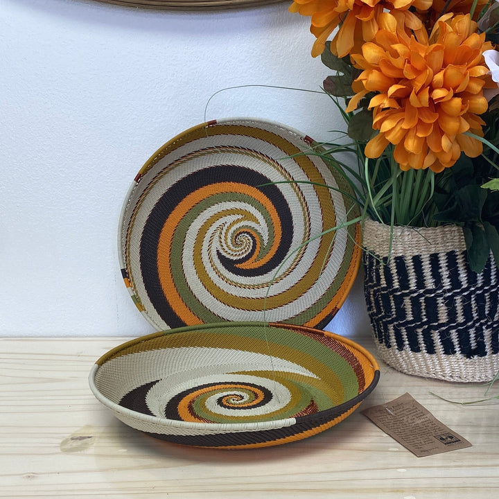 Light Earth Zulu Wire Large Trayhandwoven in South Africa in warm ivory, ochre, sage, and earthy brown tones.