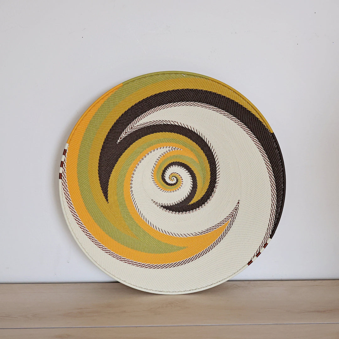 Light Earth Zulu Wire tray handwoven in South Africa in warm ivory, ochre, sage, and earthy brown tones.
