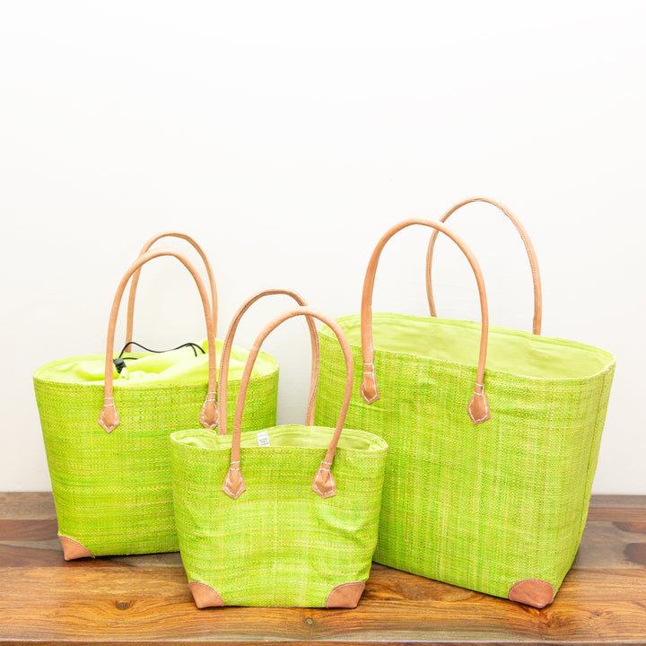 Small, medium and large size Madagascar bags in Lime Green.