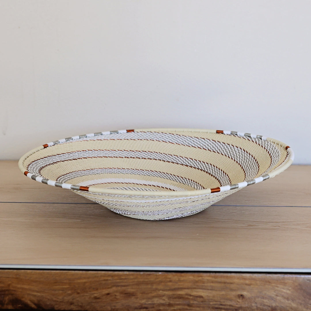 Mist Zulu Wire basket handwoven in South Africa in ivory, white, and soft gray.