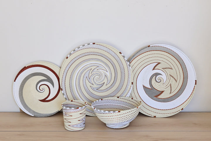 Collection of the Mist Zulu Wide Baskets featuring intricate handwoven wire craftsmanship in soft mist gray and white tones.