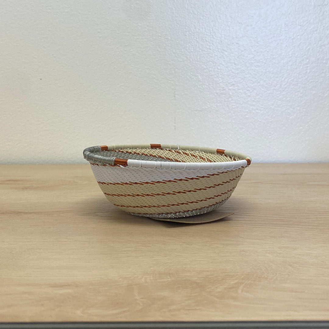 Mist Zulu Wire Smal Wide Bowl handwoven in South Africa in ivory, white, and soft gray.