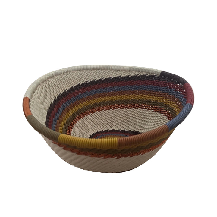 Handwoven Mountain Rainbow Zulu Wire Small Triangle Bowls from South Africa in a variety of colorful and intricate artisan patterns.