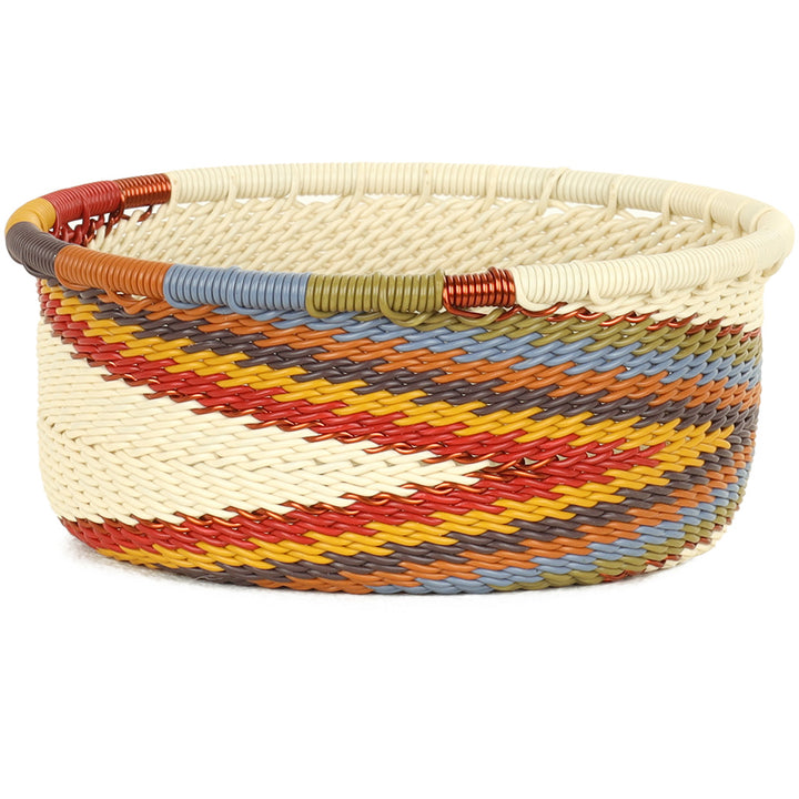 Handwoven Zulu Wire Tuna Cup Baskets in Mountain Rainbow from South Africa in a variety of colorful and neutral artisan patterns.