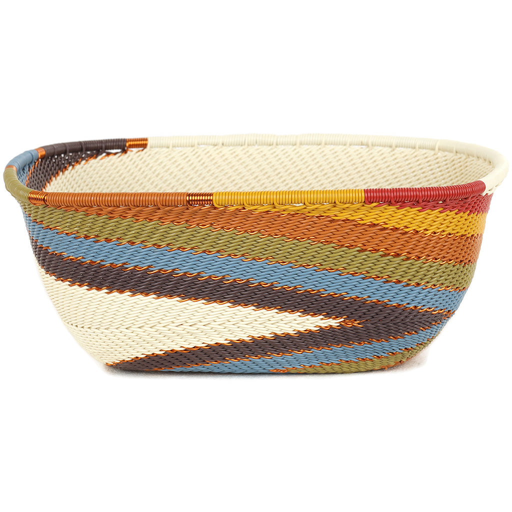 Handwoven Zulu Wire Square Bowl in Mountain Rainbow from South Africa in a variety of colorful and neutral artisan patterns.