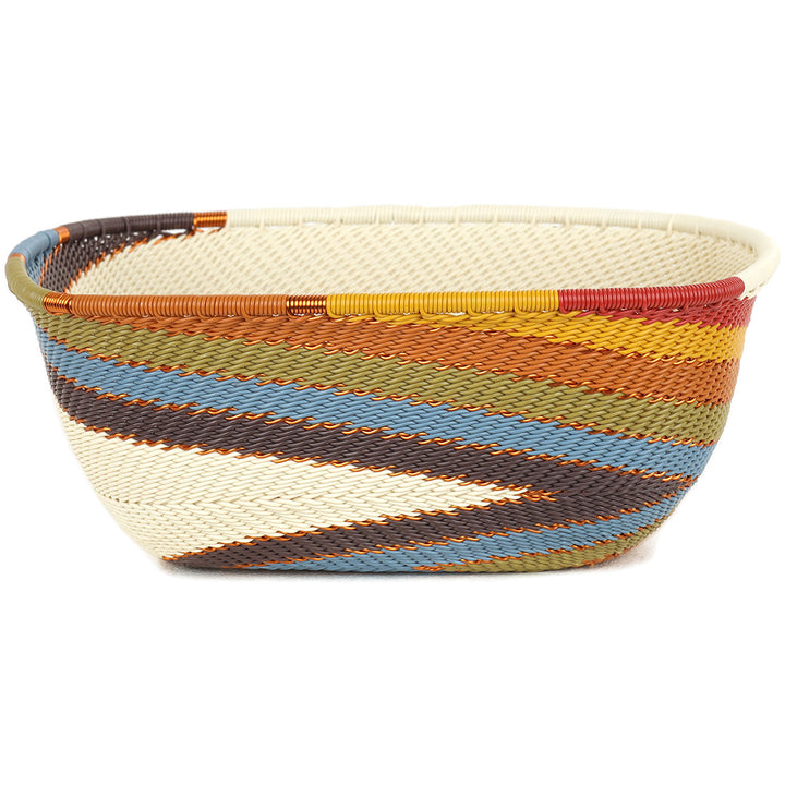 Handwoven Zulu Wire Square Bowl in Mountain Rainbow from South Africa in a variety of colorful and neutral artisan patterns.