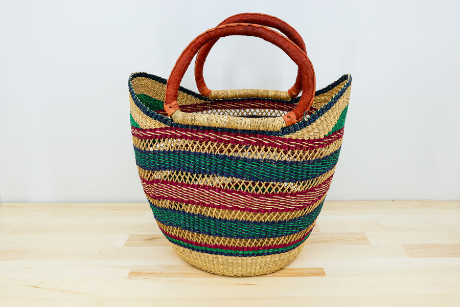 Fair-trade multi-colored U-Shopper basket, perfect for the farmers market and trips to the beach, handmade in Africa.