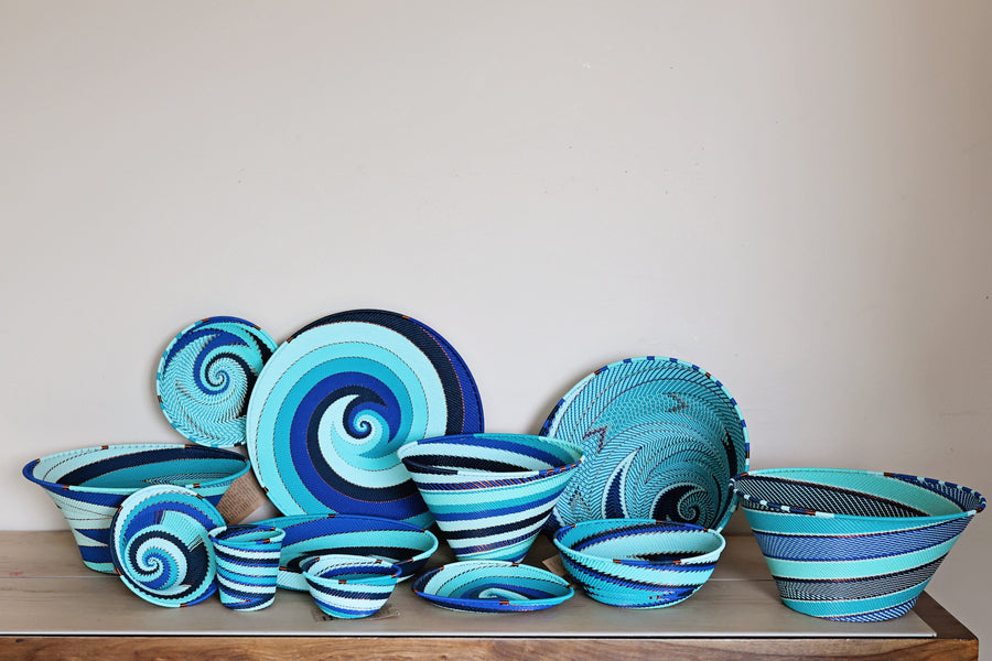 Ocean Zulu wire basket collection handwoven in South Africa in turquoise, aqua, blue, navy and white.
