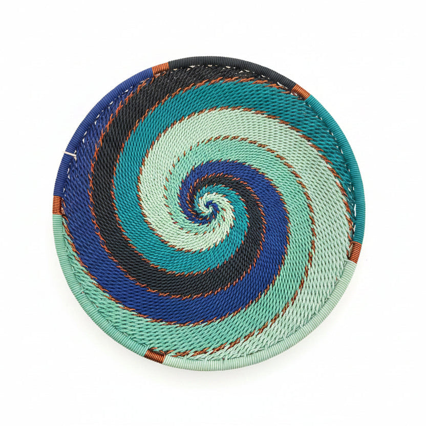 Handwoven Zulu Wire Small Tray in Ocean from South Africa in a variety of colorful and neutral artisan patterns.