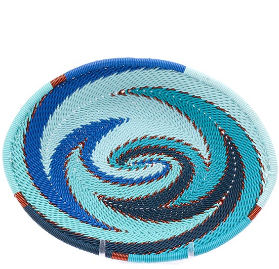 Handwoven Zulu Wire Soap Dish in Ocean color way from South Africa in a variety of colorful and neutral artisan patterns.