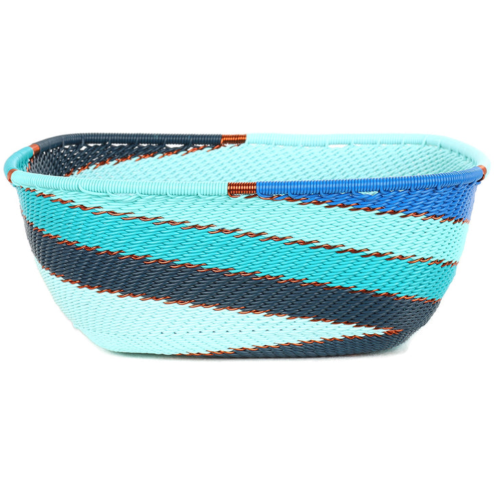 Handwoven Zulu Wire Square Bowl in Ocean from South Africa in a variety of colorful and neutral artisan patterns.