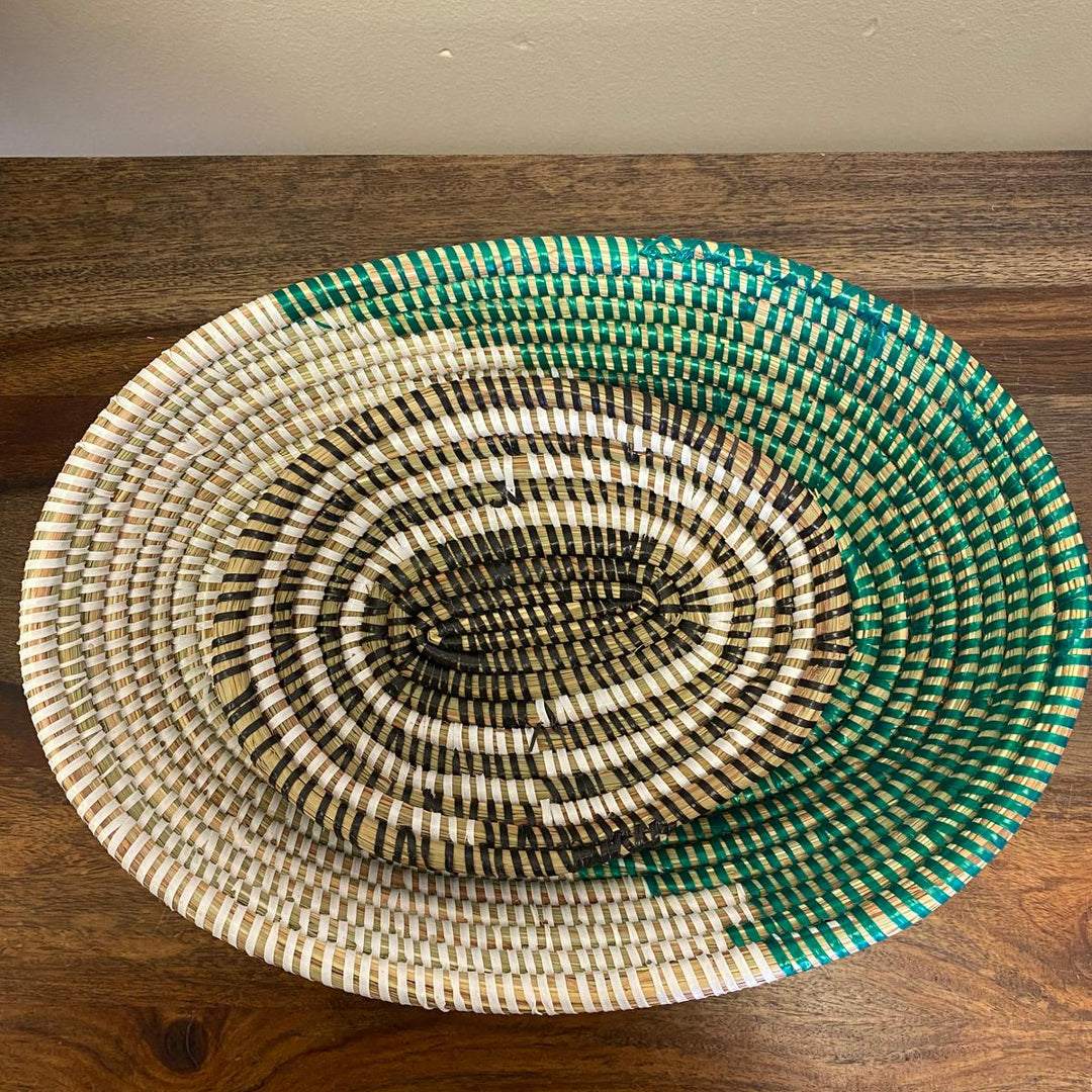 Fair trade oval woven bowl used for home decor and styling