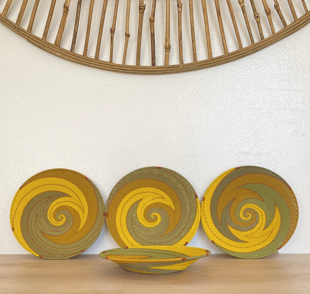 Handwoven Papaya Yellow Zulu Wire Small Shallow Baskets from South Africa in a colorful and intricate artisan pattern.