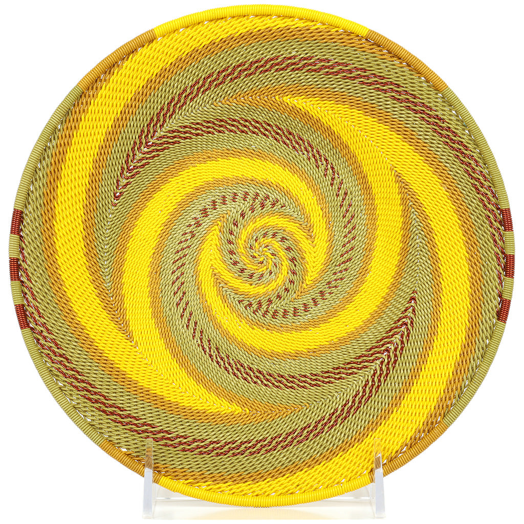 Handwoven Papaya Yellow Zulu Wire Small Shallow Baskets from South Africa in a colorful and intricate artisan pattern.