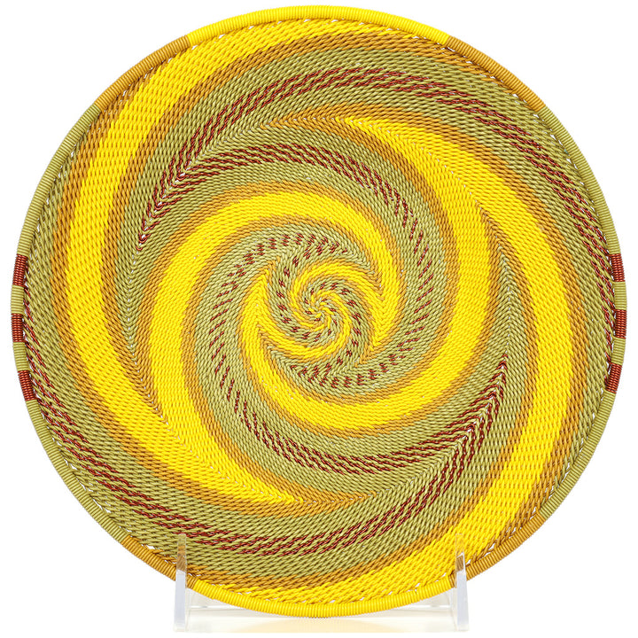 Handwoven Papaya Yellow Zulu Wire Small Shallow Baskets from South Africa in a colorful and intricate artisan pattern.