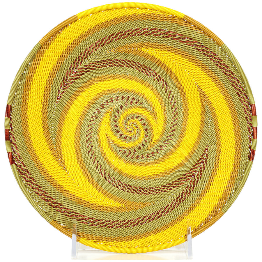 Handwoven Papaya Yellow Zulu Wire Small Shallow Baskets from South Africa in a colorful and intricate artisan pattern.