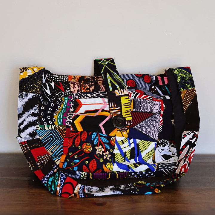 Fair trade patchwork crossbody sling bag made from recycled fabric handmade in Kenya