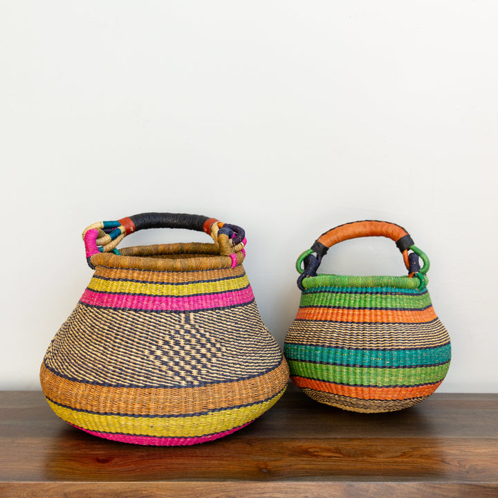 Two sizes of our Pot style Market Basket in Small and Large, in our multi-colored options. 