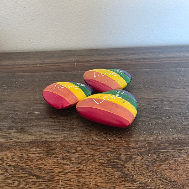 Colorful Pride-inspired soapstone LOVE hearts carved from Kisii stone in Kenya