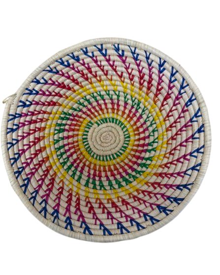 Rainbow Raffia Fruit Basket handwoven by African artisans in a vibrant multicolor pattern.