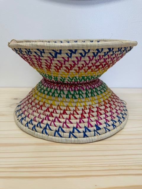 large Rainbow Raffia Fruit Basket handwoven from sustainable raffia in vibrant rainbow colors.
