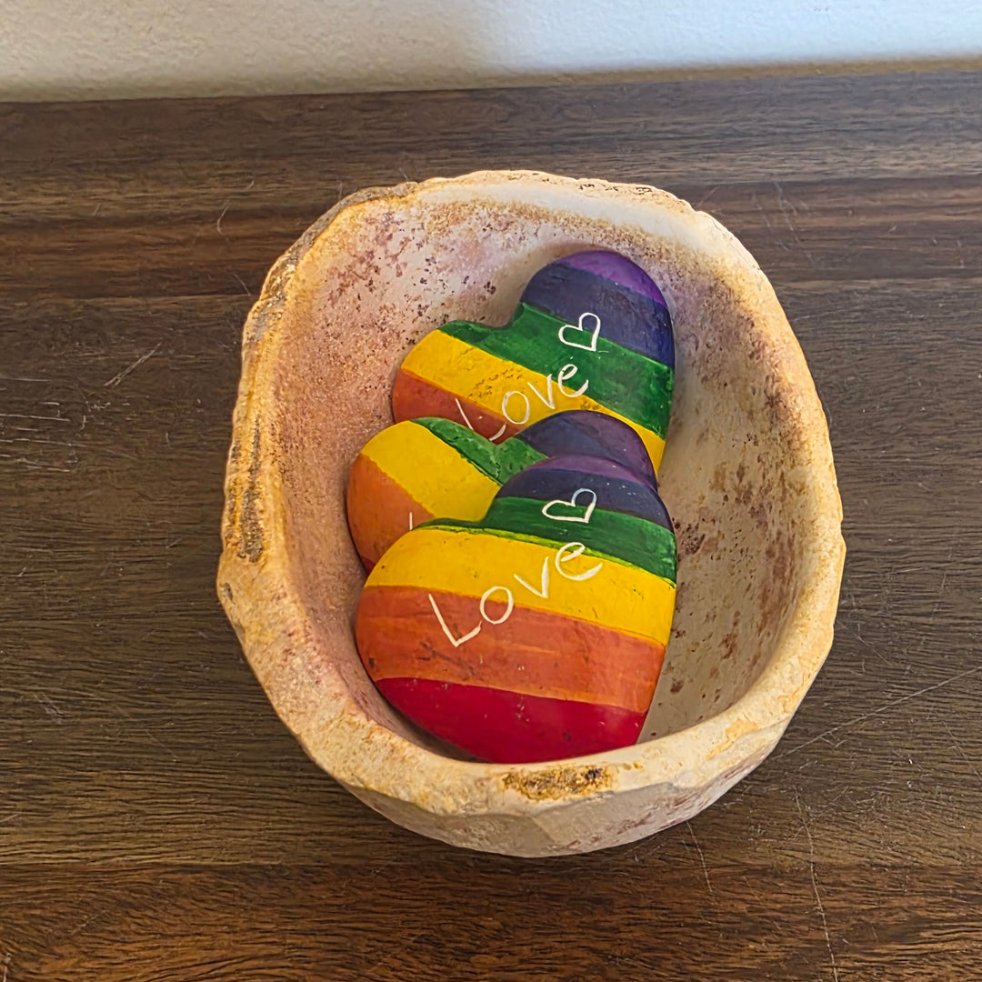 Rainbow soapstone LOVE hearts handcrafted in Kenya and sold as a fair trade set of 6