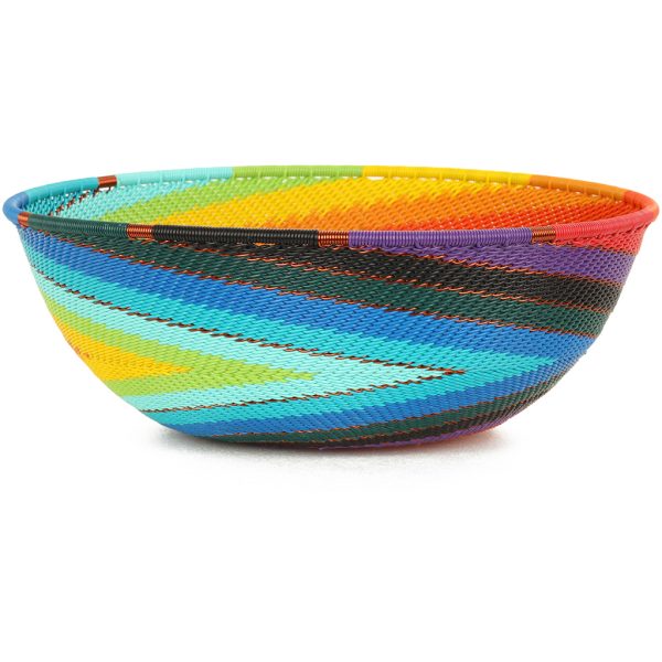 Side view of a Rainbow Zulu Bowl featuring colorful handwoven wire craftsmanship by South African artisans.