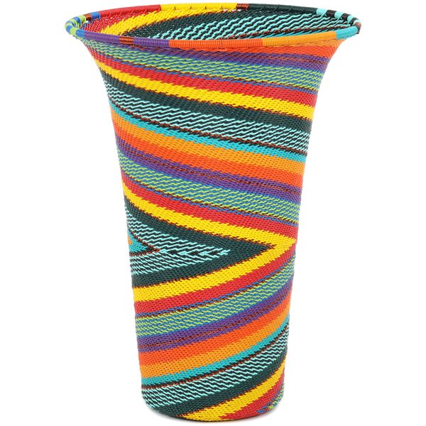 Side view of a Rainbow Zulu Flared Top Vase featuring colorful handwoven wire craftsmanship by South African artisans.