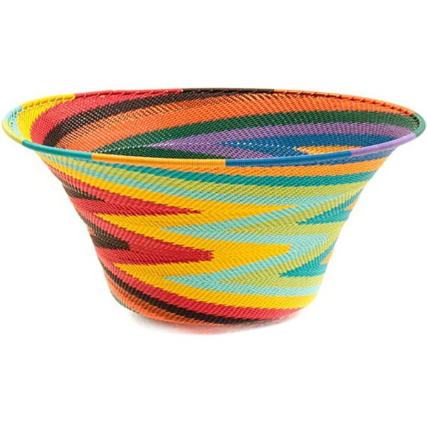 Side view of a Rainbow Zulu Large Flared Bowl featuring colorful handwoven wire craftsmanship by South African artisans.
