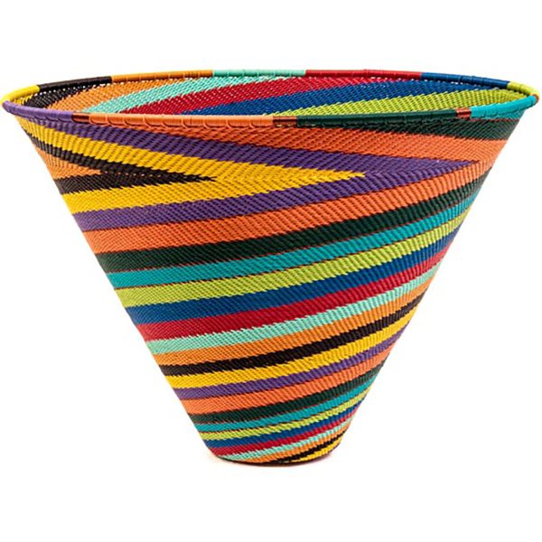 Alt Text 1

Rainbow Zulu Medium Deep Funnel Bowl handwoven in South Africa with vibrant multicolor diagonal stripes and copper wire accents.