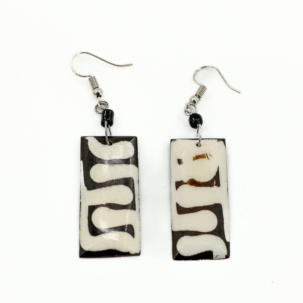 Rectangle shaped black and white bone earrings