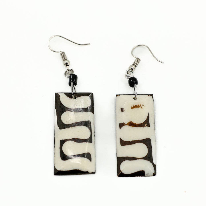 Rectangle shaped black and white bone earrings