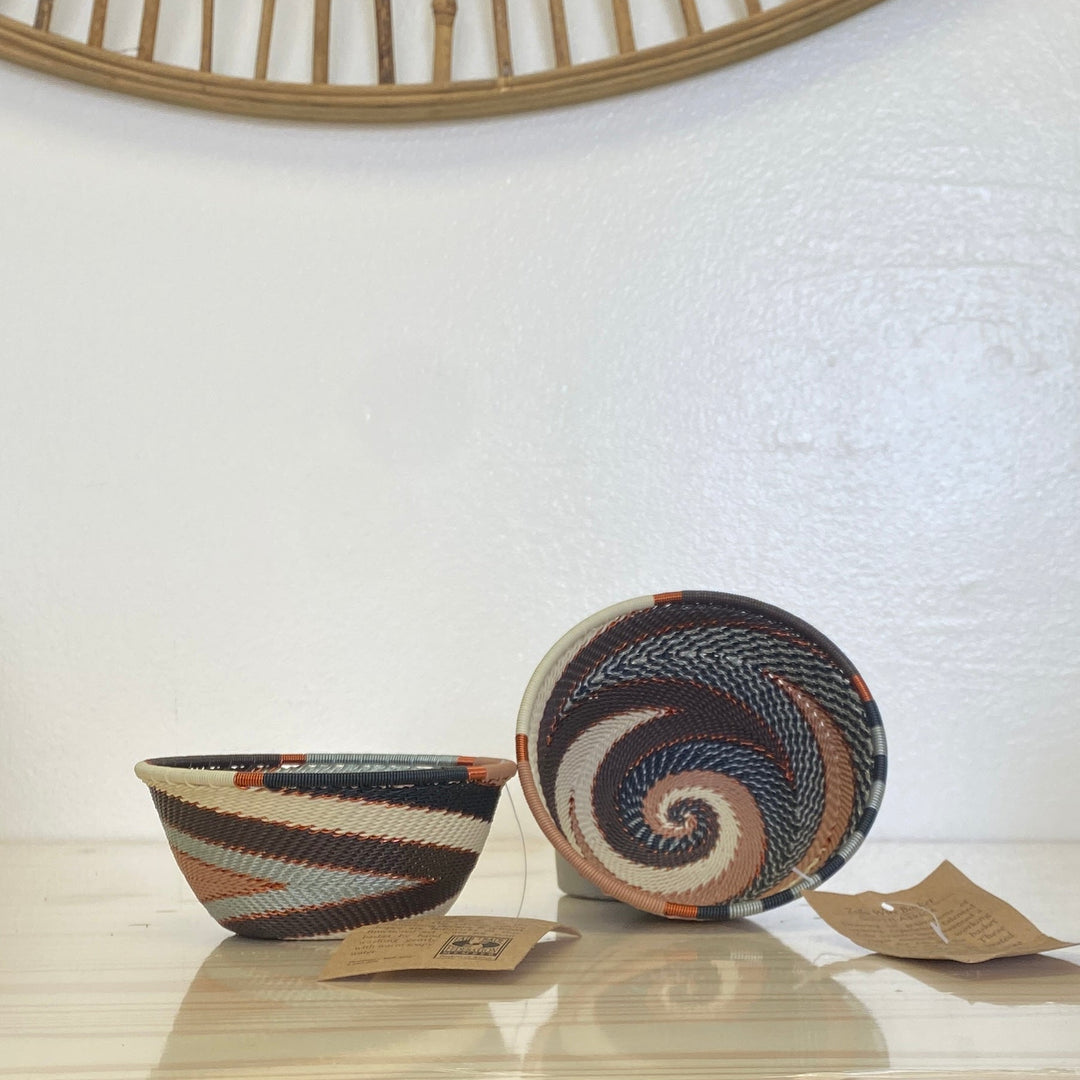 Silver Sands Zulu Wire Small Bowl handwoven in South Africa in soft ivory, silver gray, sand, and earthy brown tones.