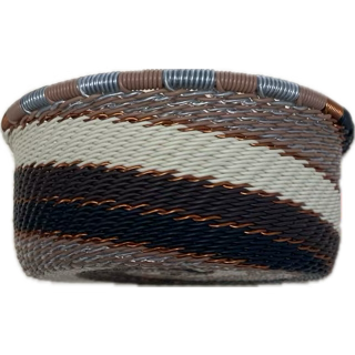 Silver Sands Zulu Wire Tuna Can Bowl handwoven in South Africa in soft ivory, silver gray, sand, and earthy brown tones.