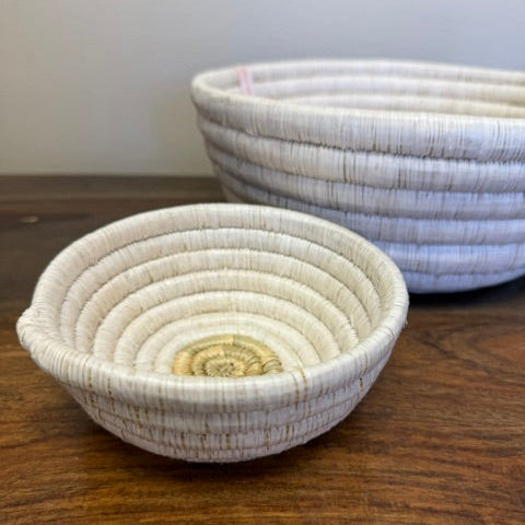 Small and large, round white cloth lined woven bread basket handmade fair trade serving bowl