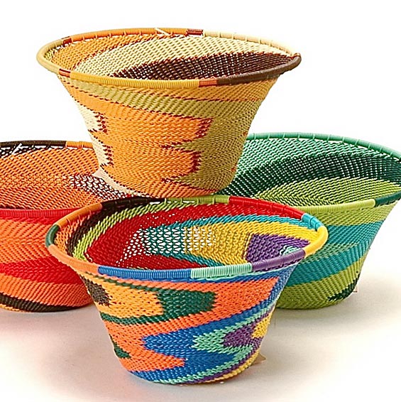 Handwoven small Zulu wire flared top bowl from South Africa featuring vibrant geometric patterns.