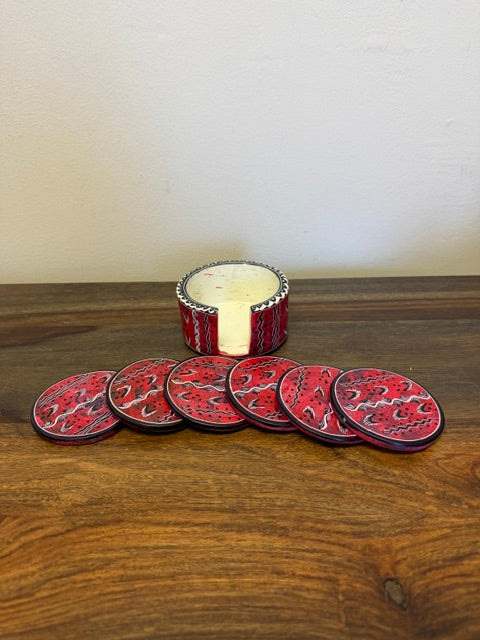 Soapstone coaster set of 6 with holder styled on home bar cart for decorative and functional use