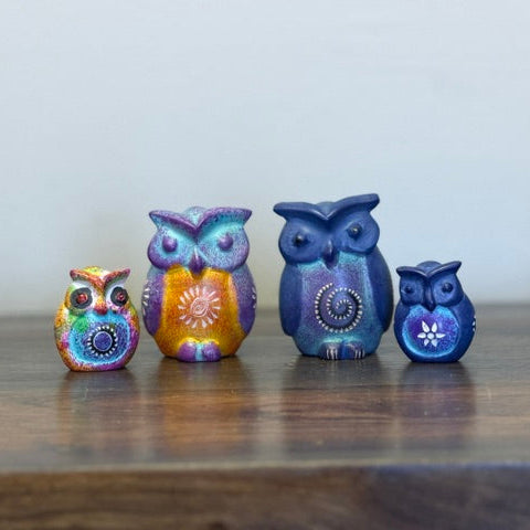 Assorted fair trade soapstone owl figurines hand-carved in Kenya in mixed colors