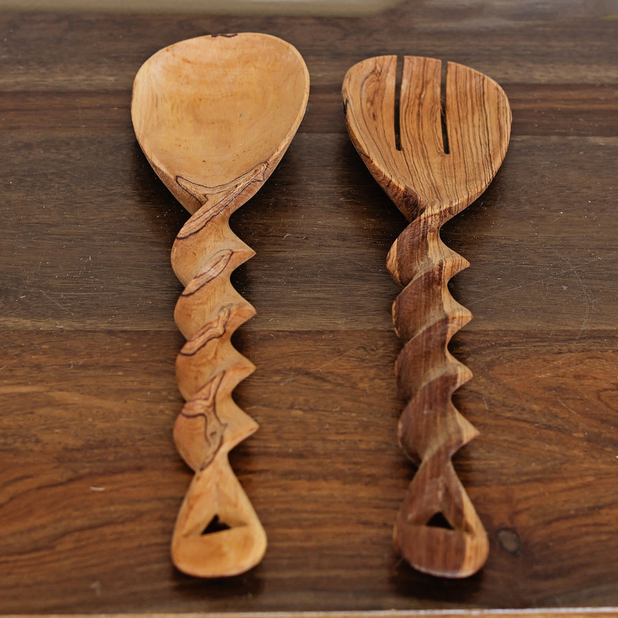 Fair trade spiral wooden serving spoon set hand-carved in Kenya from wild olive wood