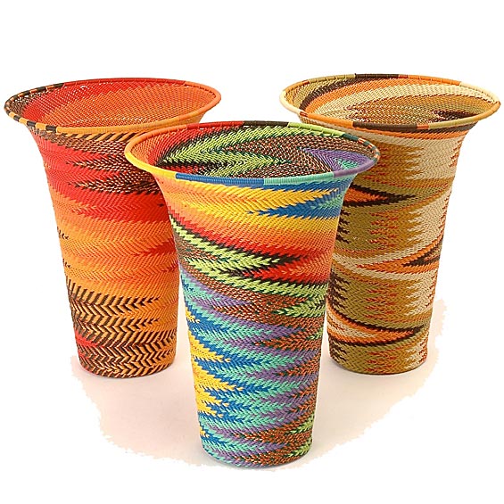 Tall Zulu wire decorative bowl with intricate weaving and copper accents handcrafted in South Africa.