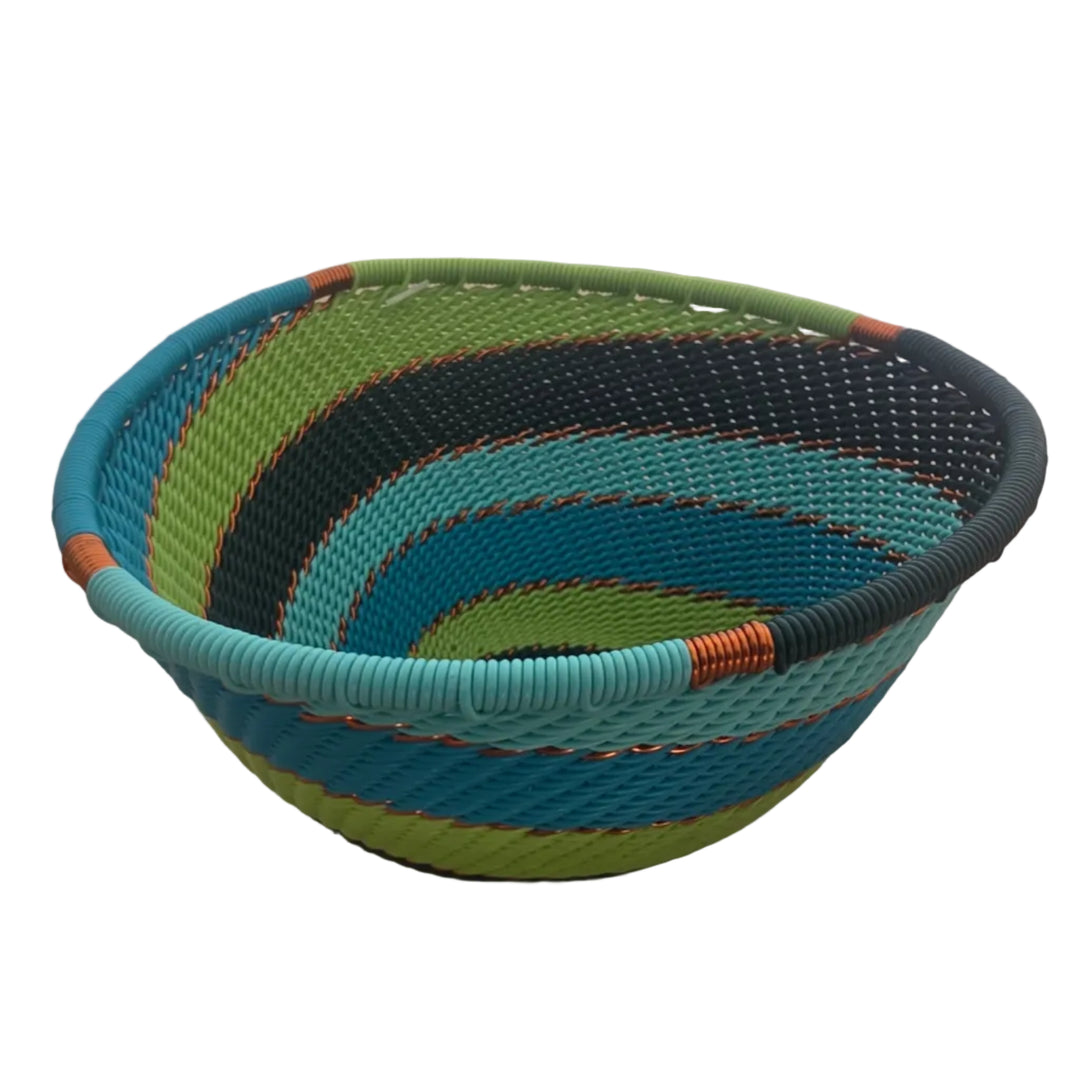 Handwoven Teal Zulu Wire Small Triangle Bowls from South Africa in a variety of colorful and intricate artisan patterns.