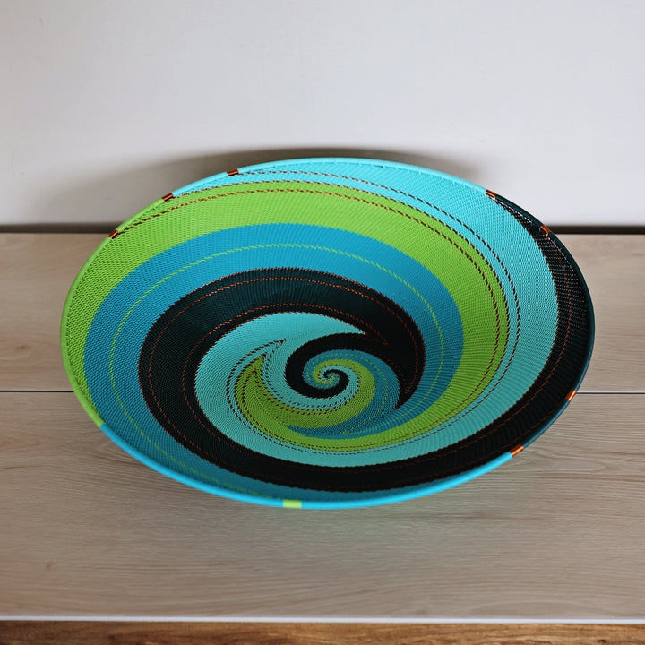 Teal Zulu Wire Oval Tray handwoven in South Africa in teal, turquoise, aqua, and green.