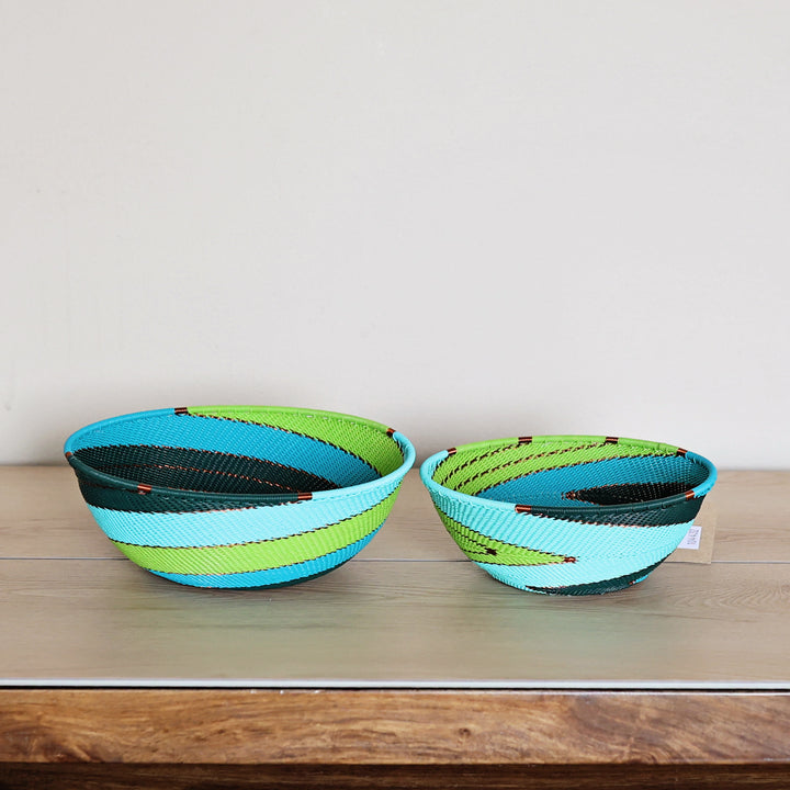 Teal Zulu Wire small bowl handwoven in South Africa in teal, turquoise, aqua, and green.