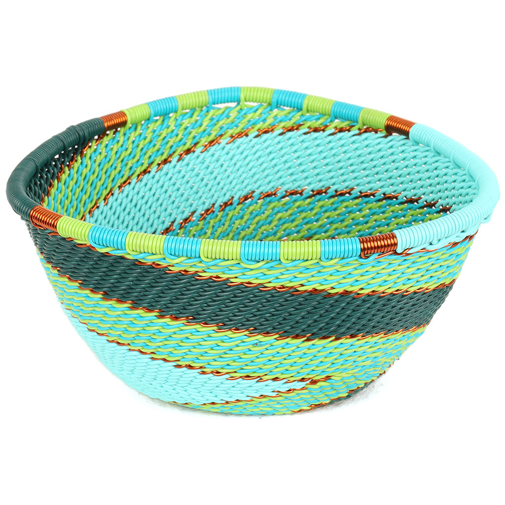 Handwoven Teal Zulu Wire Small Triangle Bowls from South Africa in a variety of colorful and intricate artisan patterns.